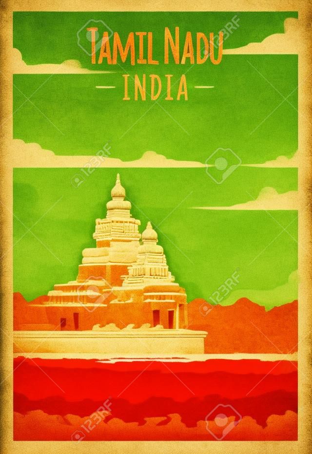 Tamil Nadu retro poster. Tamil-Nadu travel illustration. States of India greeting card.