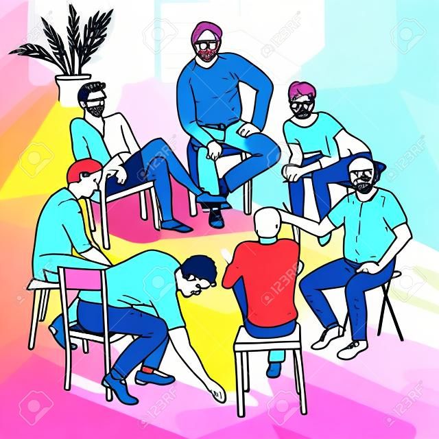 Illustrazione disegnata a mano di terapia di gruppo fatto nel vettore