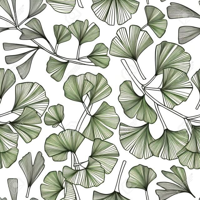 Vector seamless pattern with hand drawn Ginkgo biloba leaves. Ink drawing, graphic style, perfect for prints and patterns.