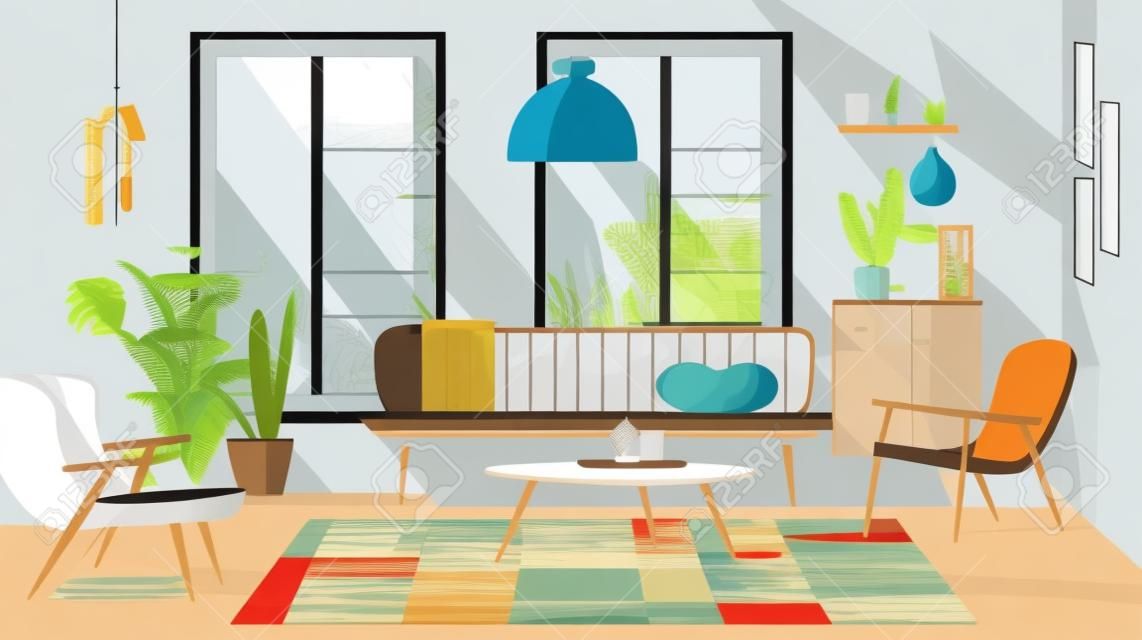 Living room interior with furniture and plants. Flat style vector illustration.