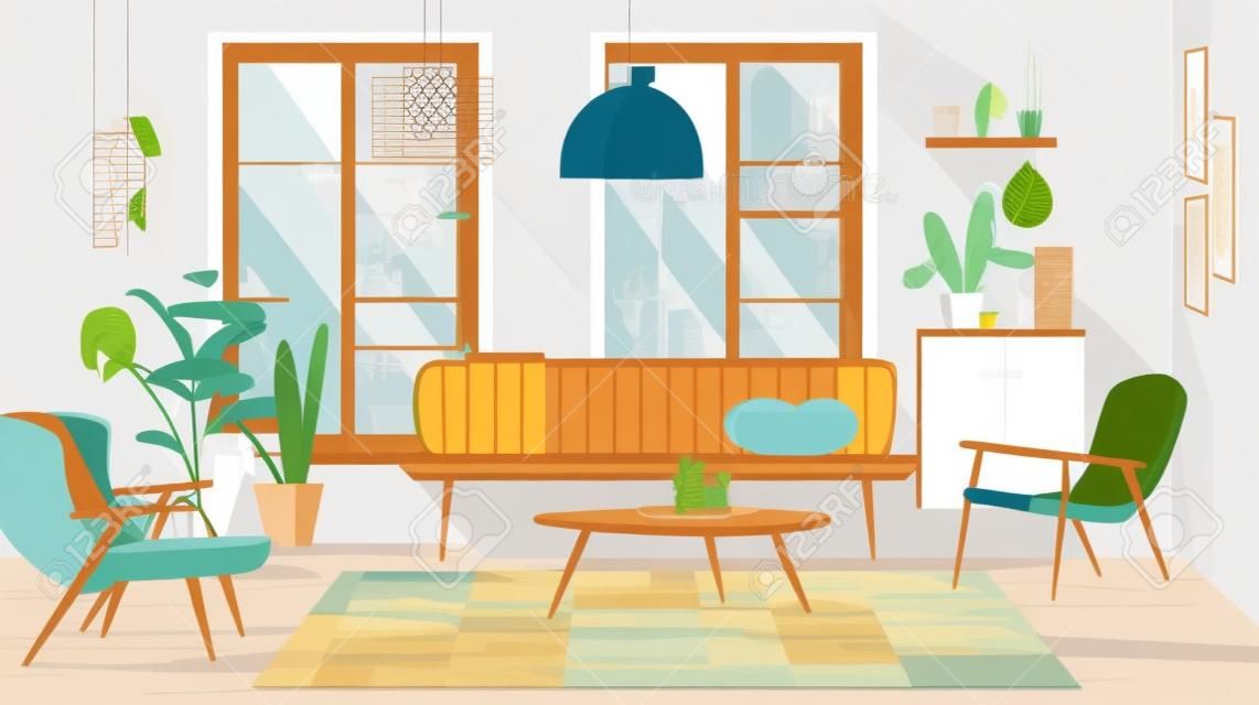 Intérieur du salon avec meubles et plantes. illustration vectorielle de style plat.