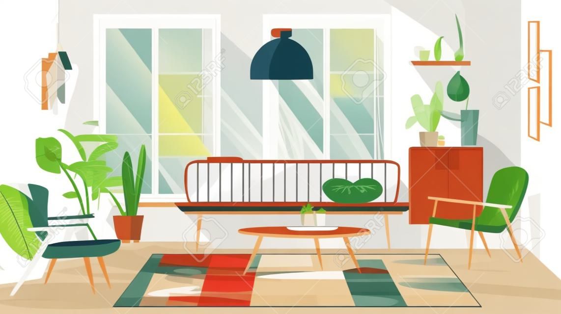 Salón interior con muebles y plantas. ilustración vectorial de estilo plano.