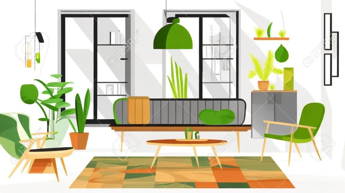 Interiore del salone con mobili e piante. illustrazione vettoriale di stile piatto.
