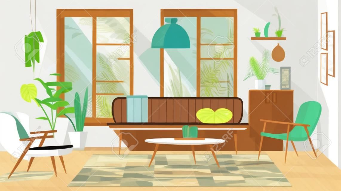 Interiore del salone con mobili e piante. illustrazione vettoriale di stile piatto.