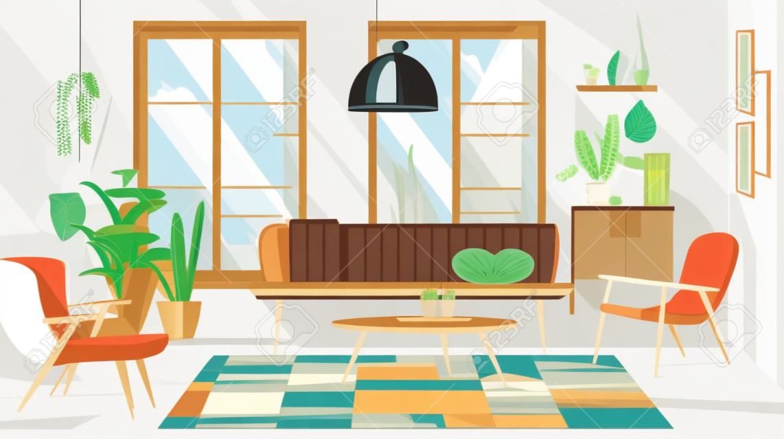 Salón interior con muebles y plantas. ilustración vectorial de estilo plano.