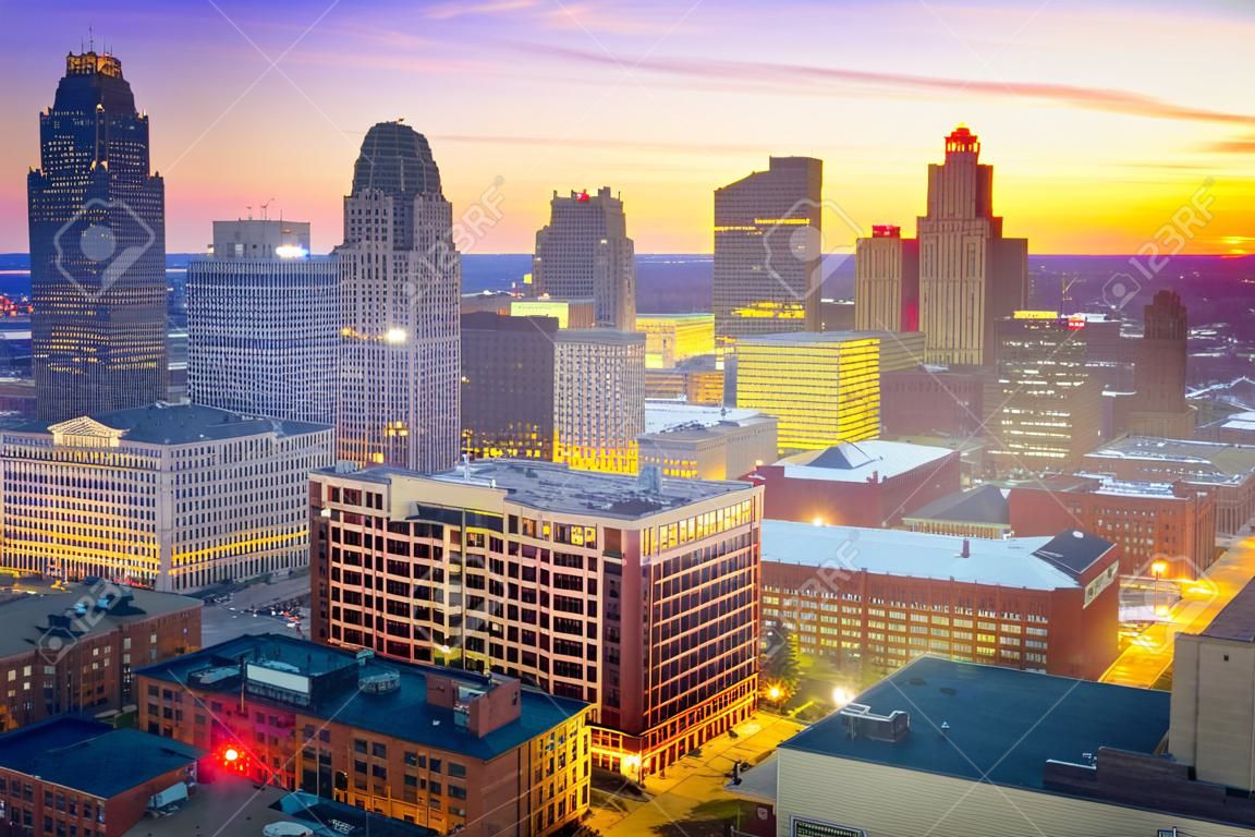Aerial view of downtown Detroit at twilight in Michigan USA