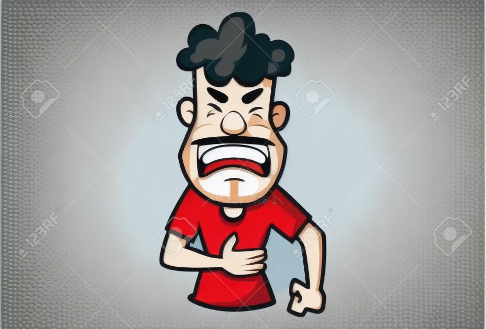 Vector cartoon illustration of a man crying in pain while clutching his stomach.