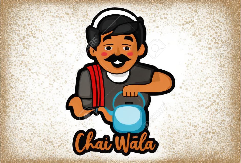 Illustrazione grafica vettoriale di un venditore di tè. Traduzione del testo Chai Wala Hindi - venditore di tè. Singolarmente su sfondo bianco.
