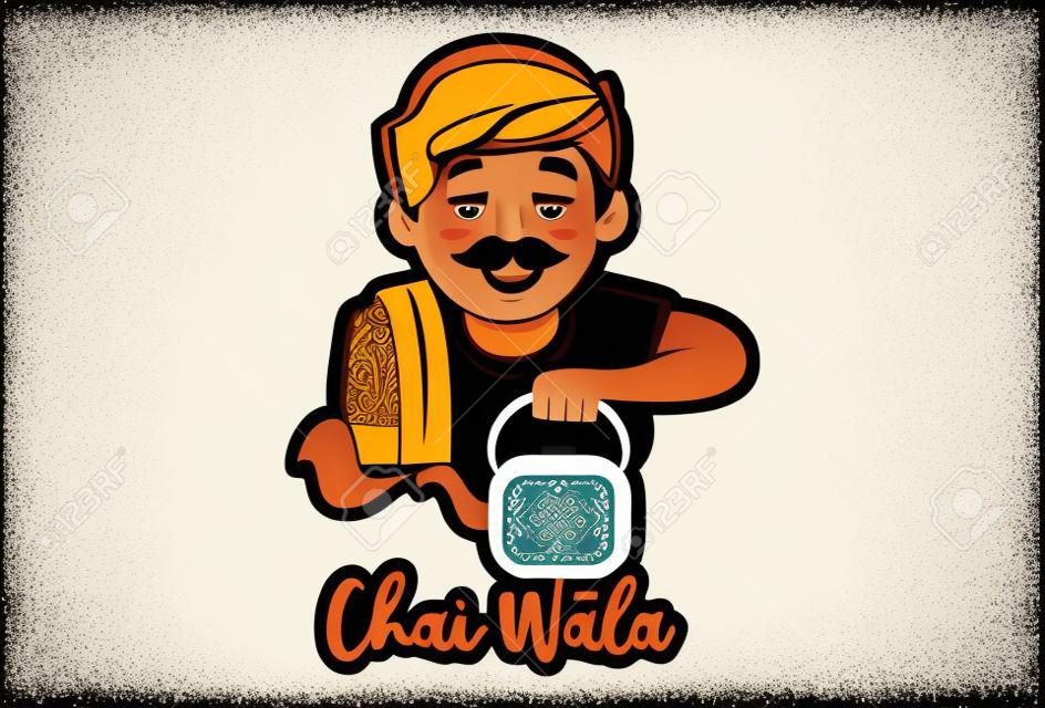 Illustrazione grafica vettoriale di un venditore di tè. Traduzione del testo Chai Wala Hindi - venditore di tè. Singolarmente su sfondo bianco.