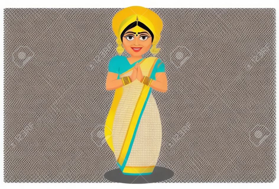 Vector graphic illustration. Indian Bengali woman is with greet. Individually on a white background.