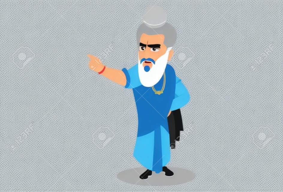 Dronacharya is angry and giving instructions with finger. Vector graphic illustration. Individually on a white background.