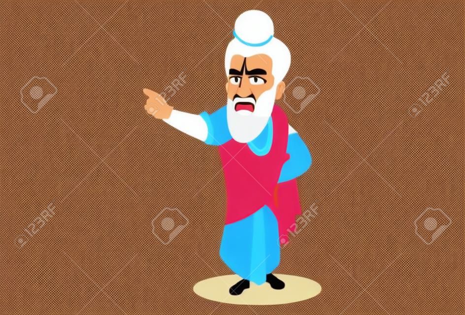 Dronacharya is angry and giving instructions with finger. Vector graphic illustration. Individually on a white background.