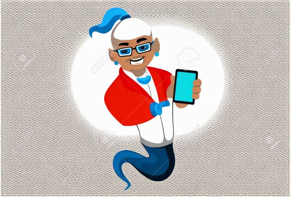 Vector graphic illustration. Smart genie is showing a mobile phone. Individually on a white background.