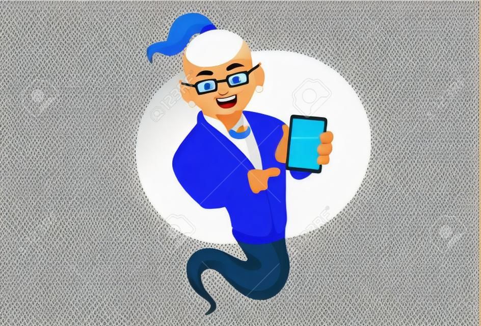Vector graphic illustration. Smart genie is showing a mobile phone. Individually on a white background.