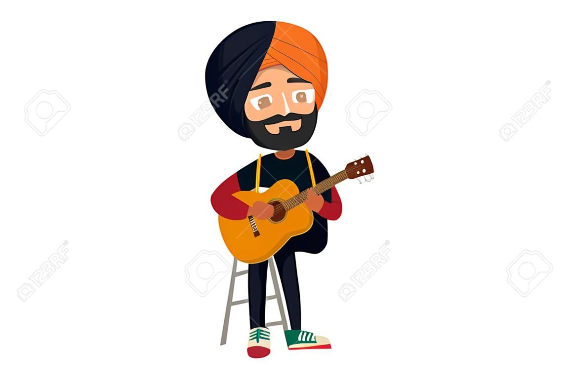 Punjabi-Sänger spielt Gitarre. Vektorgrafik. Einzeln auf weißem Grund.