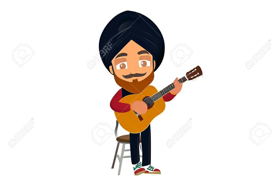 Punjabi-Sänger spielt Gitarre. Vektorgrafik. Einzeln auf weißem Grund.