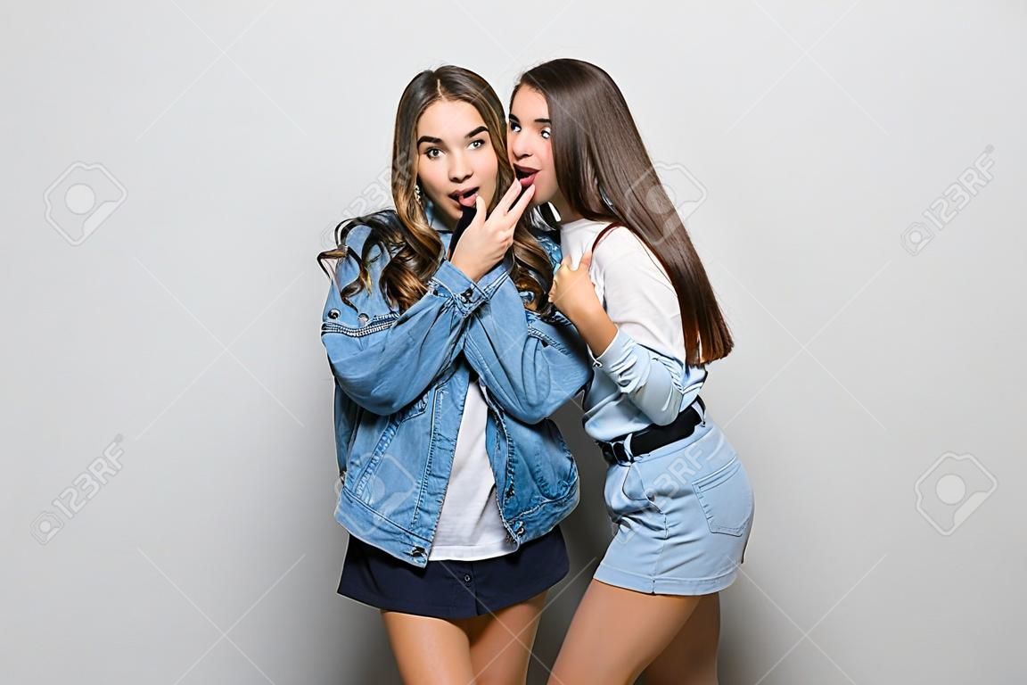 Portret van twee meisjes roddelen op grijze achtergrond