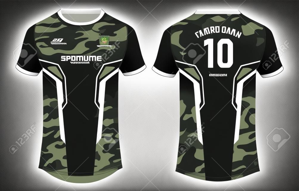 Camouflage Sports jersey t shirt design concept vector template, Football jersey concept with front and back view for Soccer, Cricket, Volleyball, Rugby, tennis, badminton and active wear uniform.