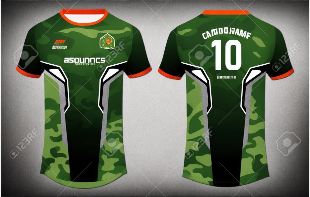 Camouflage Sports jersey t shirt design concept vector template, Football jersey concept with front and back view for Soccer, Cricket, Volleyball, Rugby, tennis, badminton and active wear uniform.