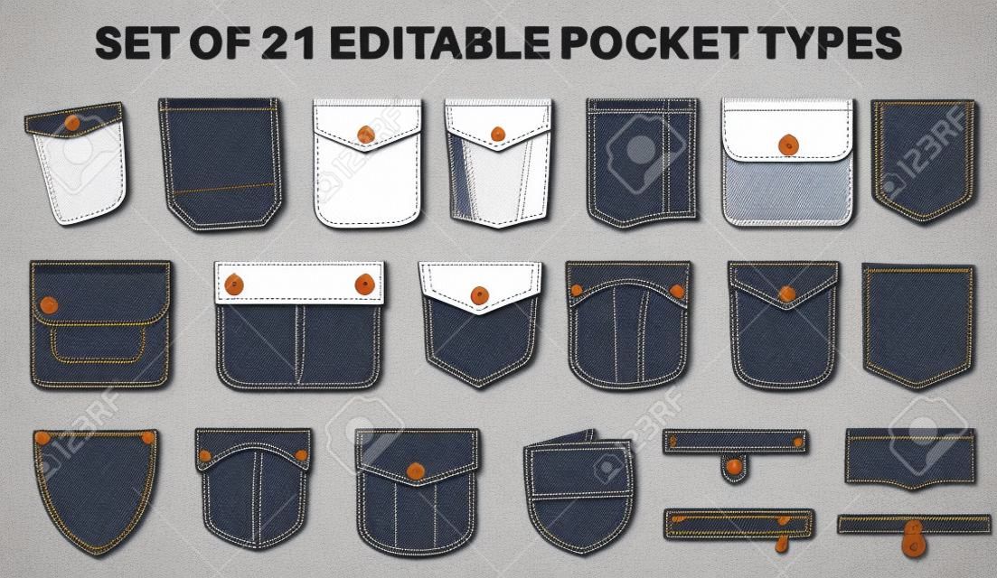 Patch pocket flat sketch vector illustration set, different types of Clothing Pockets for jeans pocket, denim, sleeve arm, cargo pants, dresses, garments, Clothing and Accessories