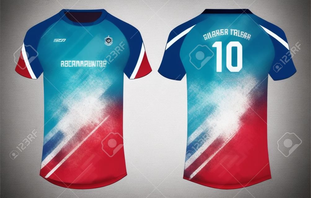 Sport-Trikot-T-Shirt-Design-Konzept-Vektorvorlage, Raglan-Rundhals-T-Shirts Fußball-Trikot-Konzept mit Vorder- und Rückansicht für Cricket-, Fußball-, Volleyball-, Rugby-, Tennis- und Badminton-Uniform