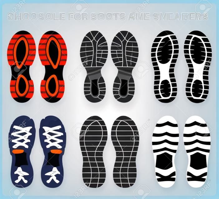 Schoenen zool patroon set vector voor schoeisel, Sneaker, Laarzen, sandalen, chuckkas, slippers en flip flop. Schoen voetafdruk silhouetten voor sportschoenen, loopschoenen, wandelschoenen en tracking schoenen