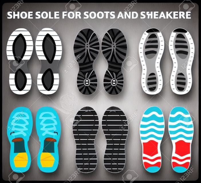 Schoenen zool patroon set vector voor schoeisel, Sneaker, Laarzen, sandalen, chuckkas, slippers en flip flop. Schoen voetafdruk silhouetten voor sportschoenen, loopschoenen, wandelschoenen en tracking schoenen