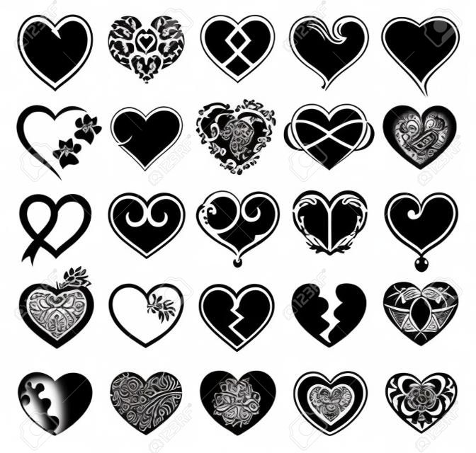Set of 25 tattoo hearts image. Vector symbol.