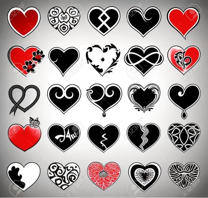 Set of 25 tattoo hearts image. Vector symbol.