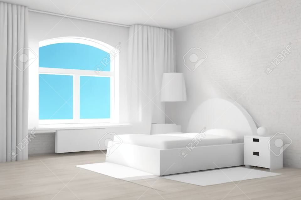 Stanza vuota letto bianco con finestra e tenda modello minimal
