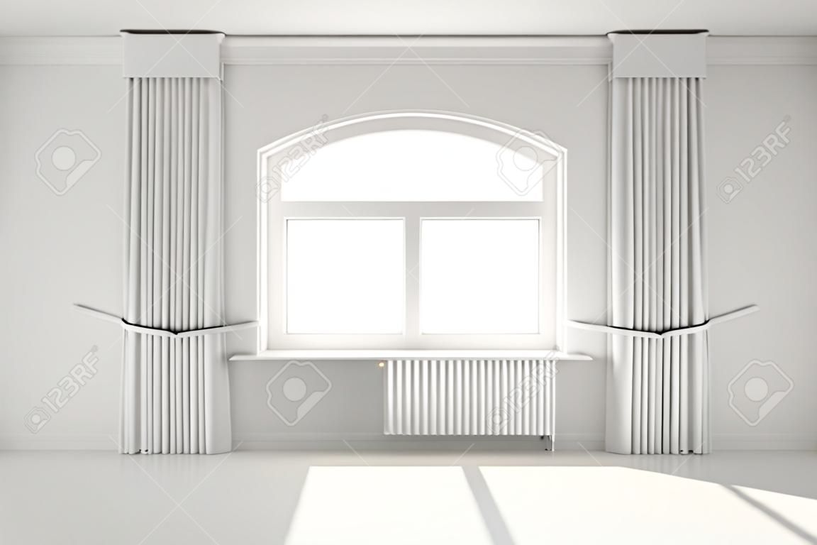 Sitio blanco vacío con la ventana y la cortina de la plantilla mínima