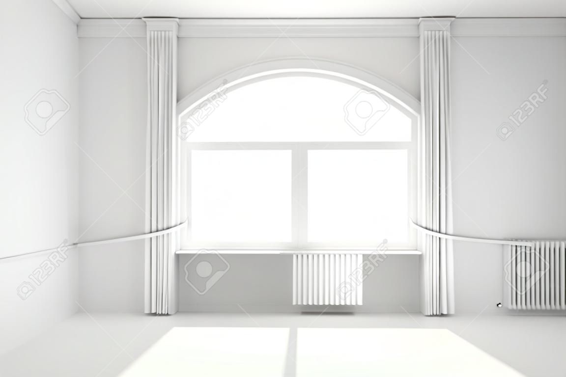 Sitio blanco vacío con la ventana y la cortina de la plantilla mínima