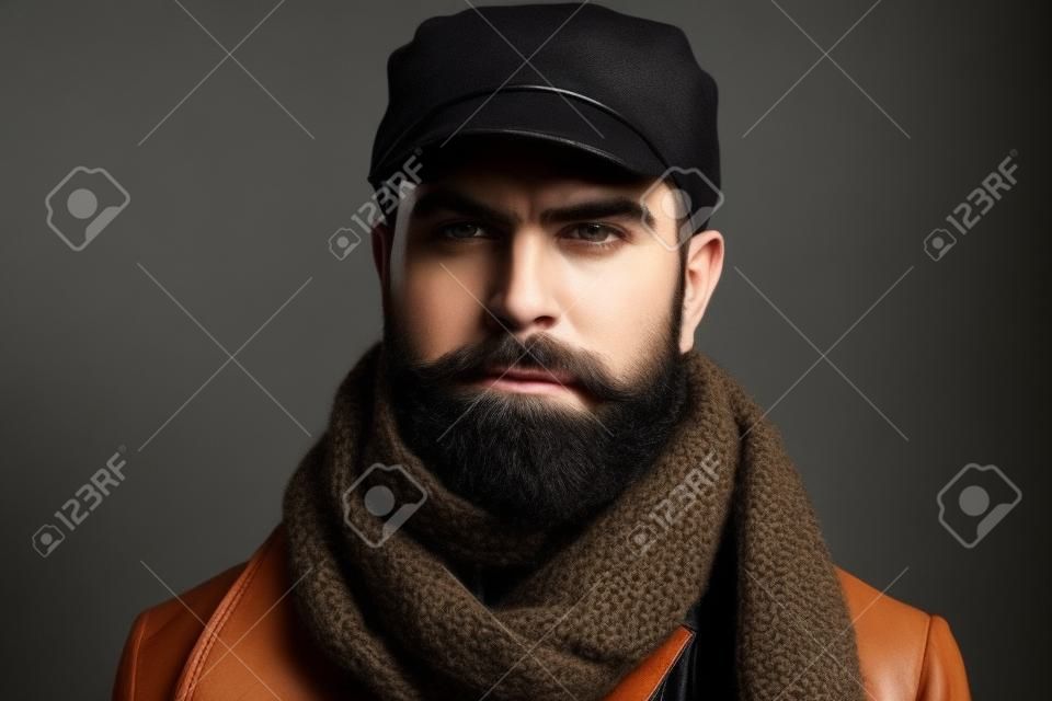 Attractive bearded man dressed in leather jacket, cap and scarf wrapped around his neck. Handsome man wearing demi-season clothing. Man wearing fashionable scarf and cap. Men autumn/winter fashion.