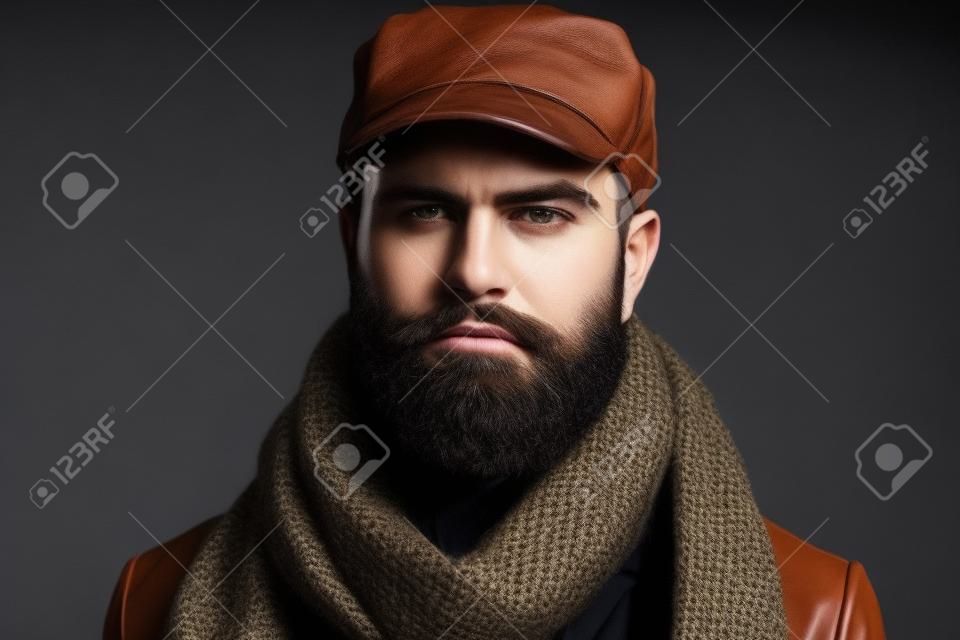 Attractive bearded man dressed in leather jacket, cap and scarf wrapped around his neck. Handsome man wearing demi-season clothing. Man wearing fashionable scarf and cap. Men autumn/winter fashion.