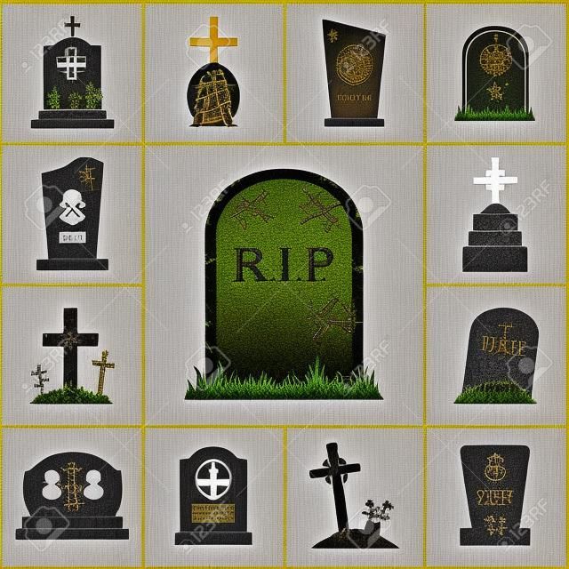 Cemetery crosses and gravestones icons set