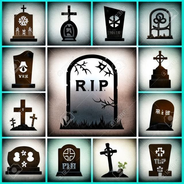 Cemetery crosses and gravestones icons set