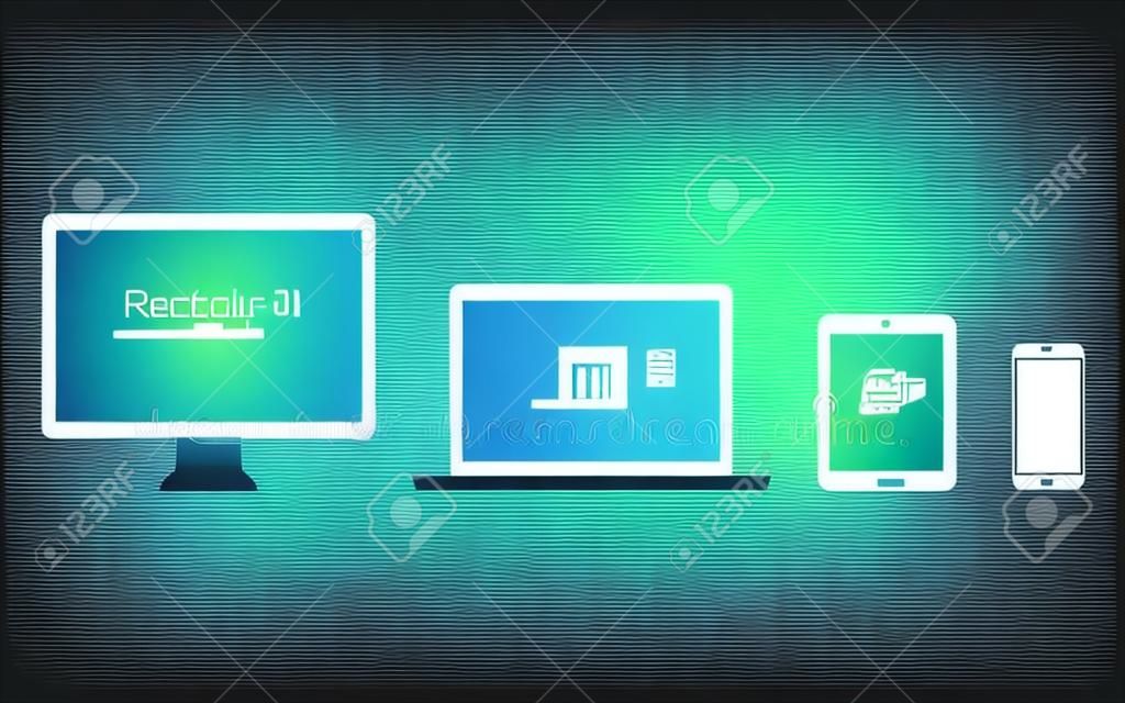 Set of realistic computer monitor, laptop, tablet, mobile phone. Smart digital device set. EPS10 vector illustration.