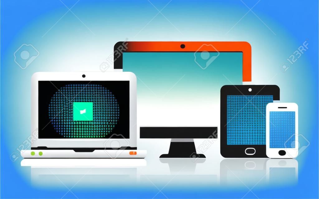 Zu den Gerätesymbolen gehören Mobiltelefon, Tablet, Laptop und Desktop-Computer. Vektorillustration des entgegenkommenden Webdesigns.