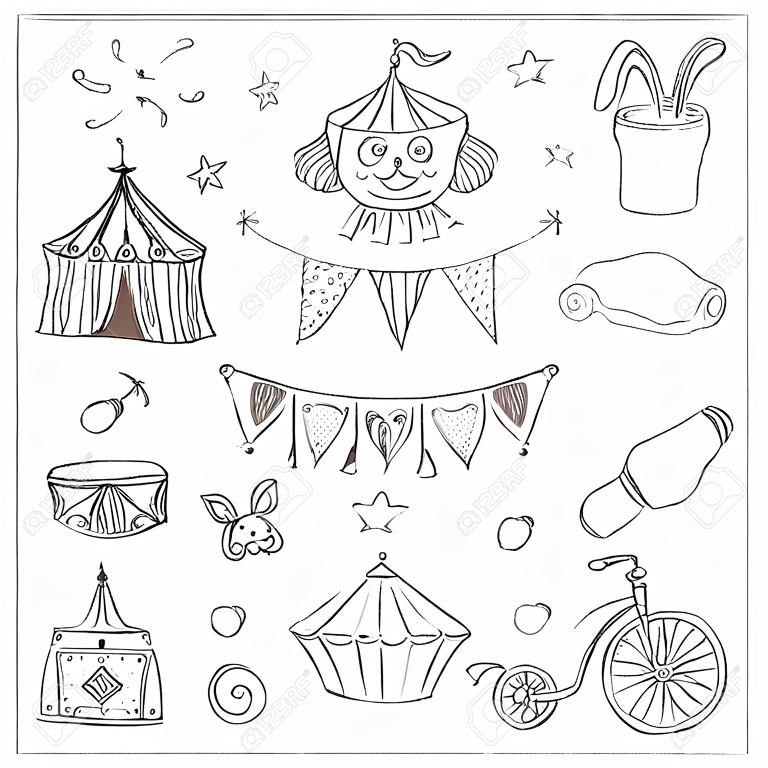 Hand getekend schets circus pictogrammen. Vector illustratie van circus voor ontwerp en pakketten product.