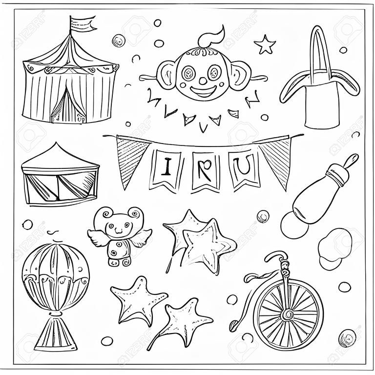 Hand getekend schets circus pictogrammen. Vector illustratie van circus voor ontwerp en pakketten product.