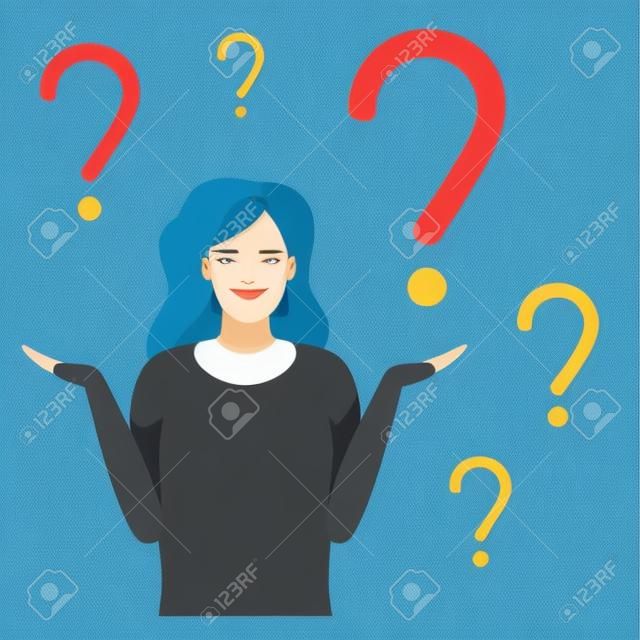 Thoughtful and doubting woman with question mark. Girl solves problem, chooses solution. The concept of doubt, ignorance, confusion, deadlock. I do not know. Vector flat design illustration