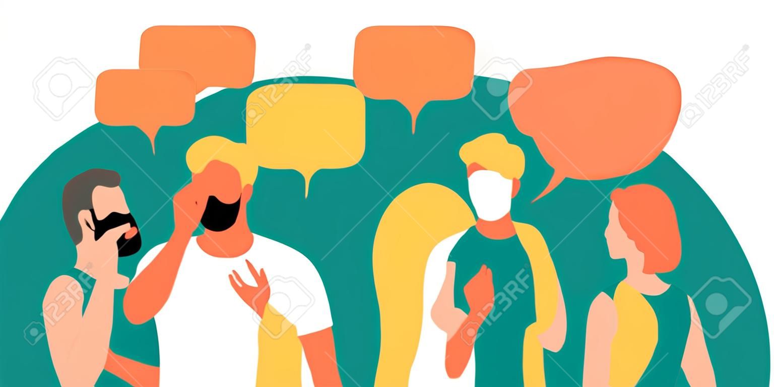 Group of people communicates, ignoring introverted man. Loneliness, ignorance, discrimination, indifference to teammate. Isolation, rejection of people in society. Vector illustration