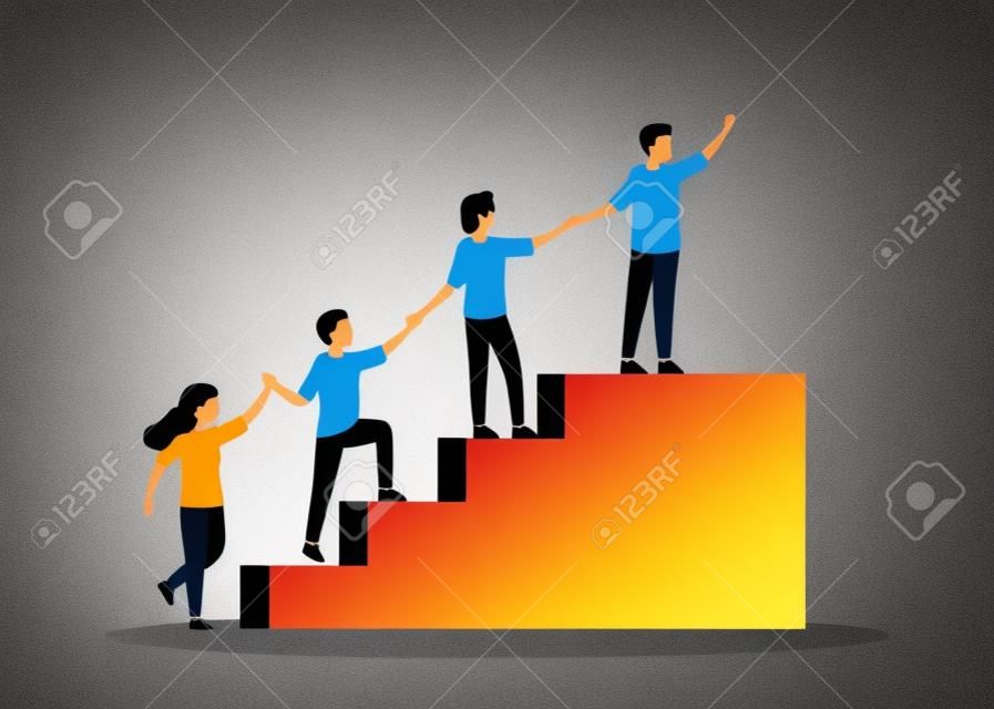Team of people is united by aspiration and achievement together up stairs. Business support and help group people for success and growing, partnership concept. Symbol of teamwork. Vector
