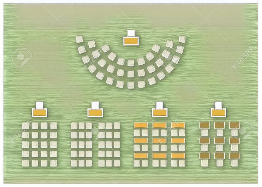Set of plan for arranging seats semicircle and rows in interior, , layout outline. Place spectators, classroom, map seats amphitheater. Scheme chairs and tables furniture top view. vector