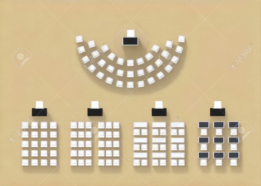 Set of plan for arranging seats semicircle and rows in interior, , layout outline. Place spectators, classroom, map seats amphitheater. Scheme chairs and tables furniture top view. vector