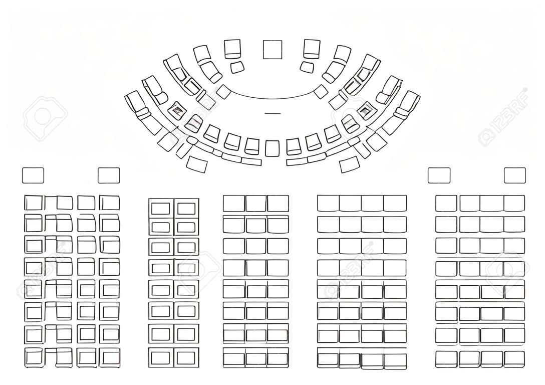 Plansatz für die Anordnung von Sitzen im Halbkreis und Reihen im Innenraum, Grundriss. Platz Zuschauer, Klassenzimmer, Karte Sitze Amphitheater. schema stühle und tische möbel draufsicht. Vektor