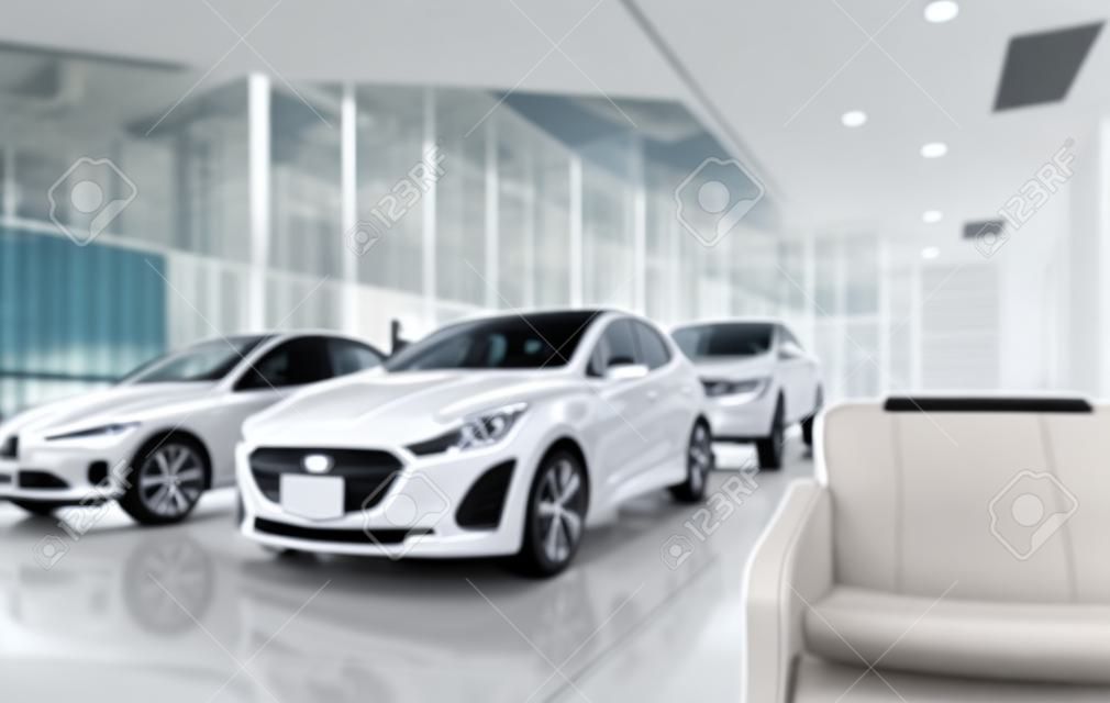 Blurred front view of white car and customer. New luxury car parked in modern showroom. Car dealership office. Electric car business concept. Automobile leasing. Showroom interior building design.