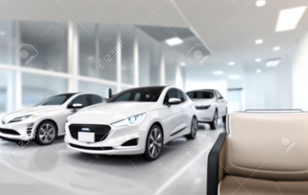 Blurred front view of white car and customer. New luxury car parked in modern showroom. Car dealership office. Electric car business concept. Automobile leasing. Showroom interior building design.