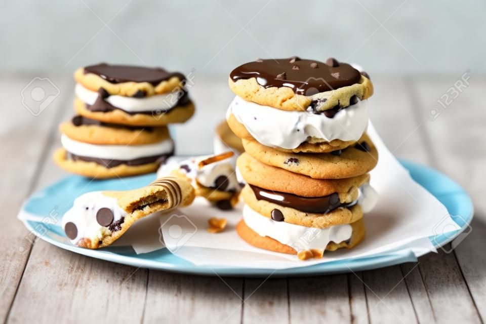 Ice cream sandwiches with nuts and caramel and chocolate chip cookies