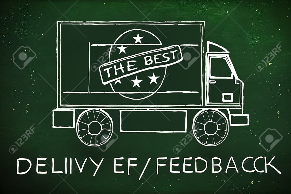 rétroaction de livraison: véhicule de camion avec signe 5 étoiles de commentaires et texte La meilleure